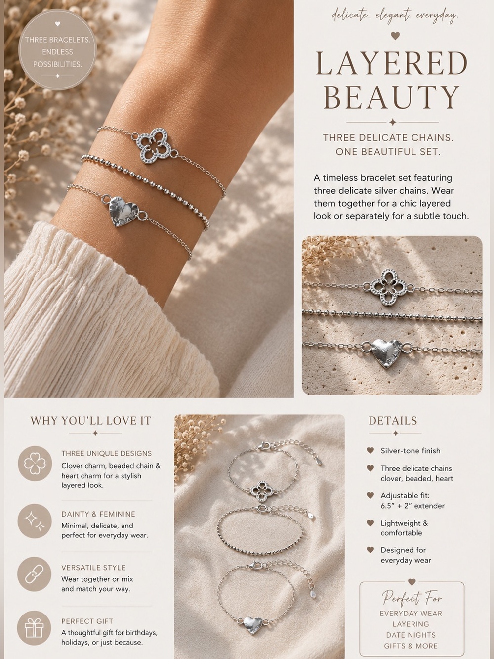 Layered Silver Heart & Clover Bracelet Set - Women's Jewelry